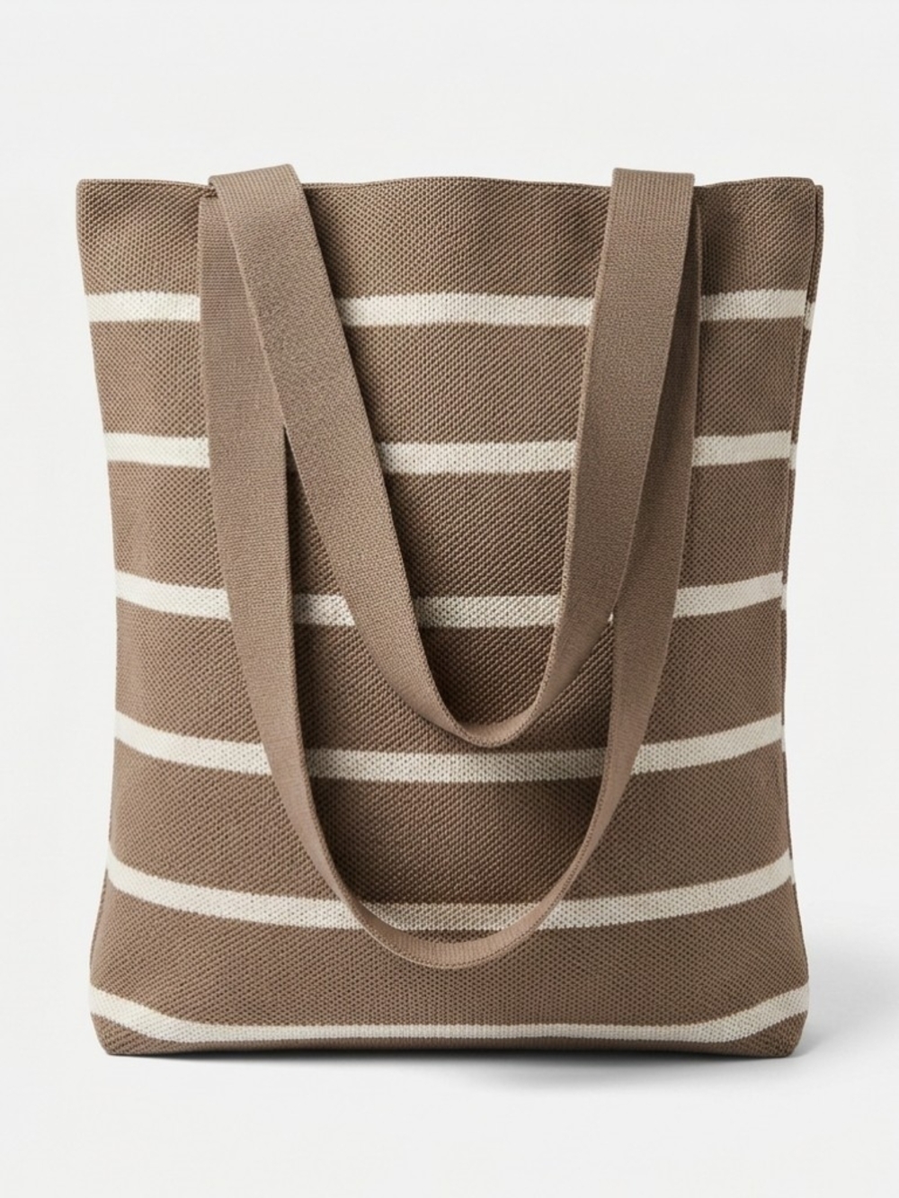 Striped Knit Tote Bag - Taupe & Cream
